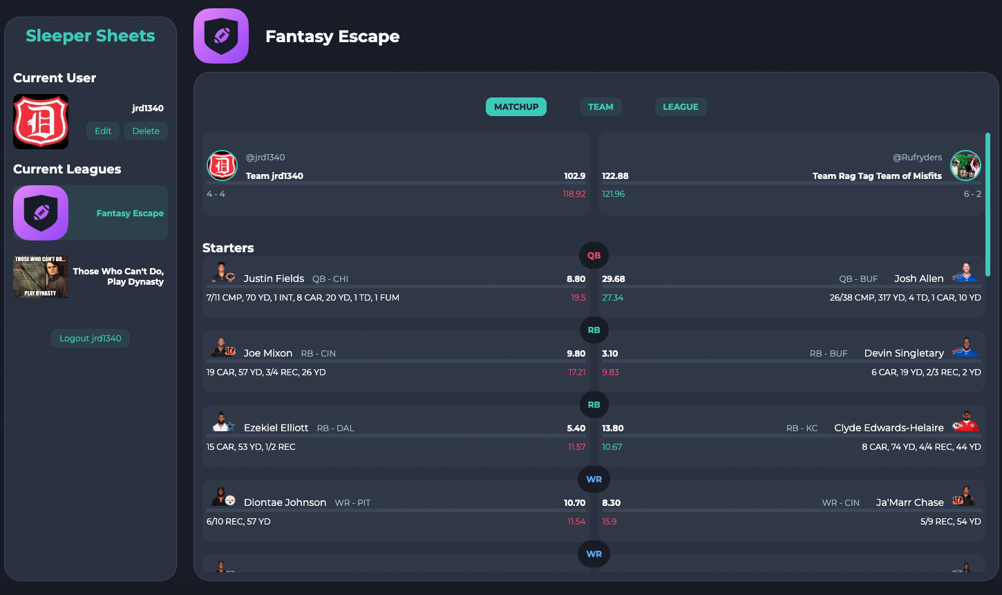 Sleeper Sheets screenshot showing matchup page